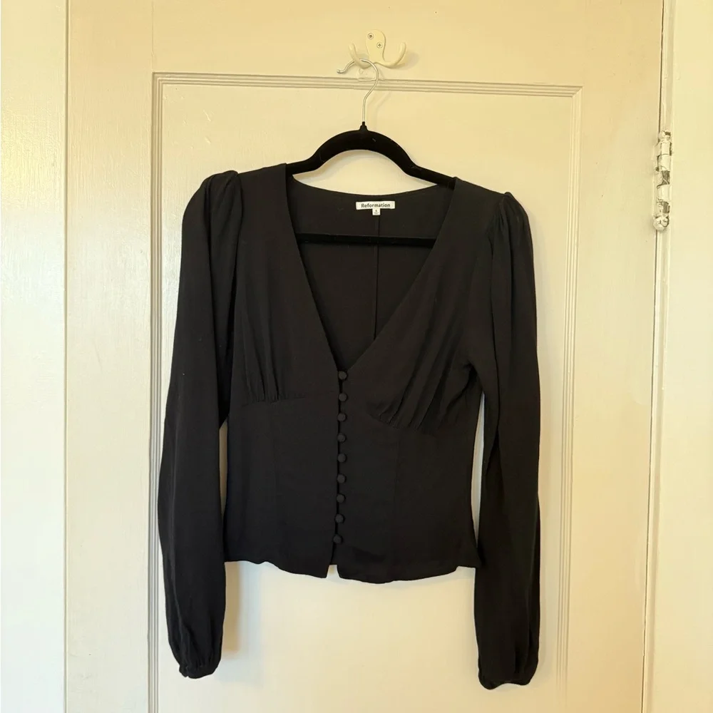 Reformation Black V-Neck Button Front Long Sleeve Blouse